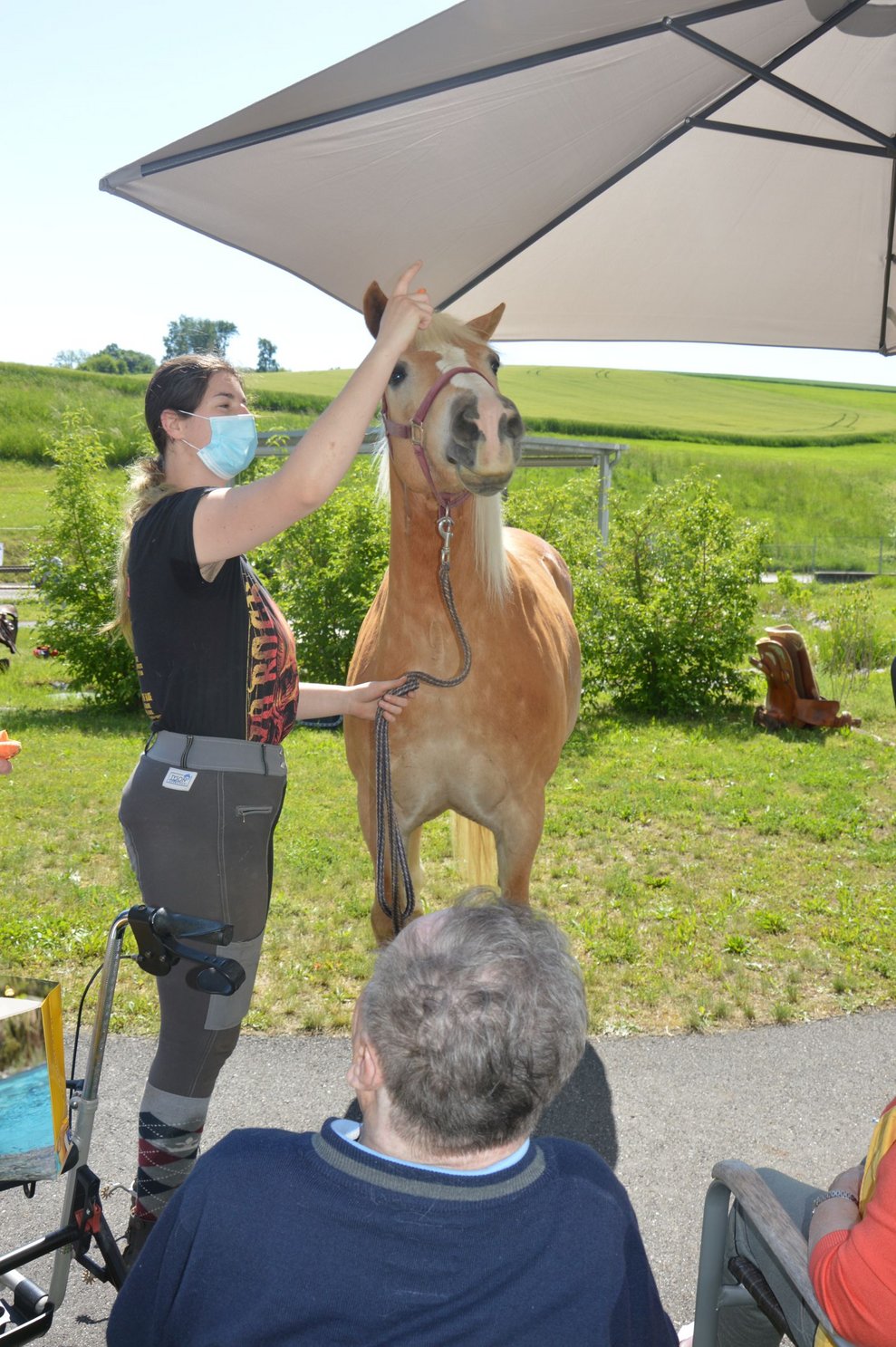 Frau steht neben Pferd 
